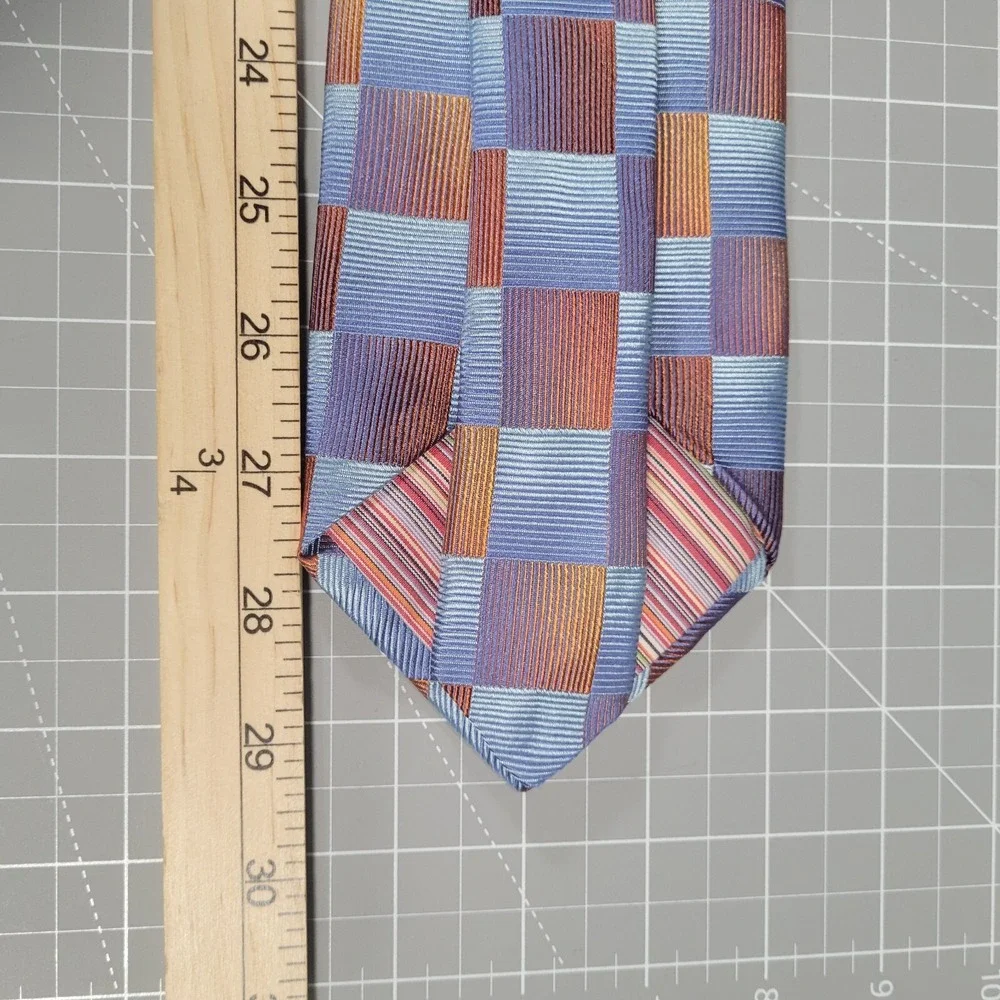 Ted Baker Necktie Blue Gold Squares 100% Silk Wide Heavyweight Made USA